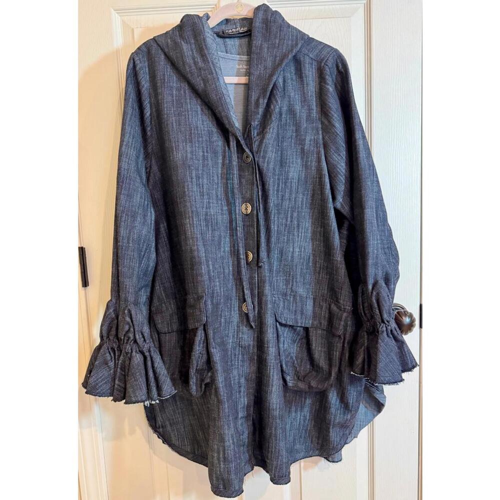 Kamuflage German Designer Denim Hoodie Front Pockets Ruffled Sleeves BoHo